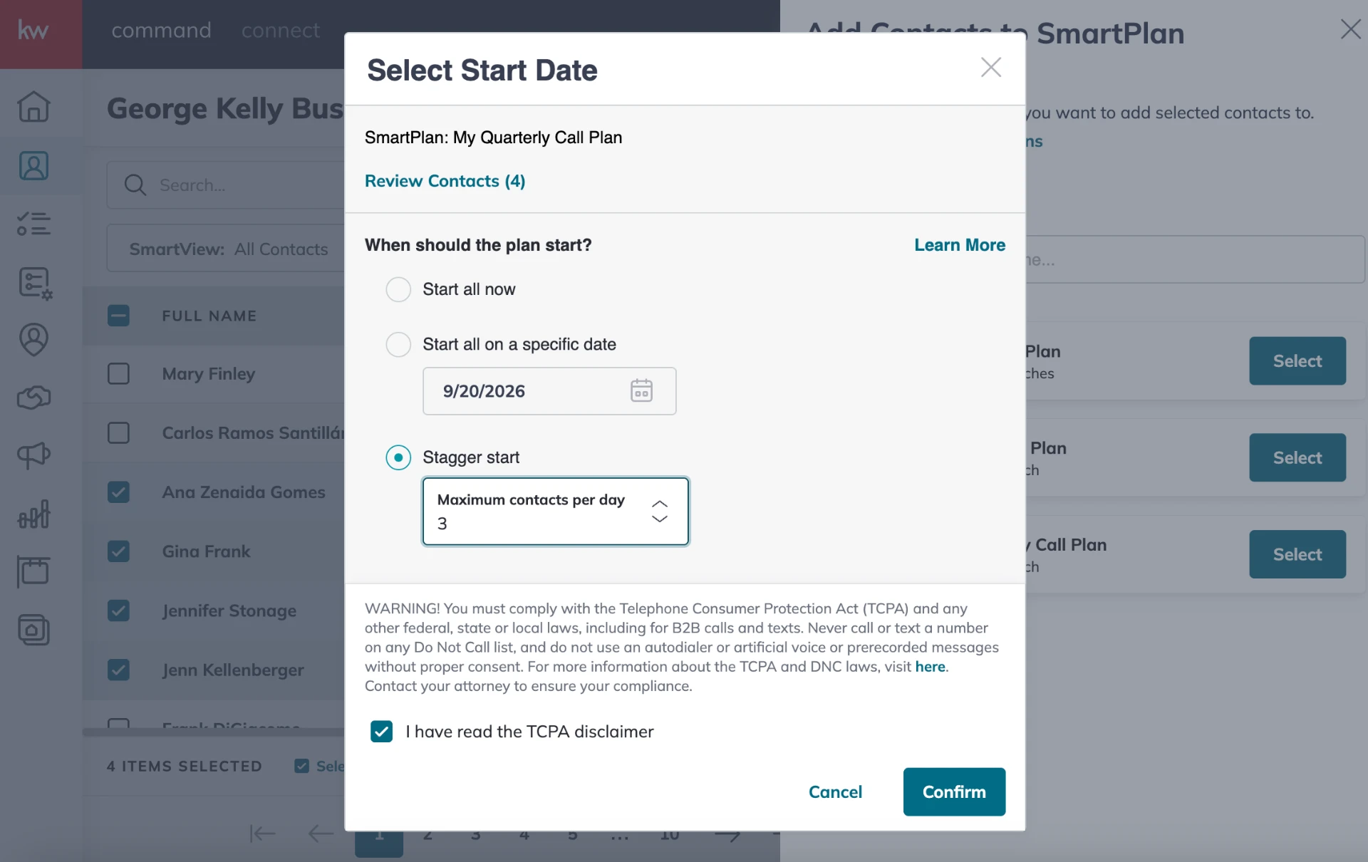 The Select Start Date dialog in Command with Stagger start selected and Maximum contacts per day set to 3