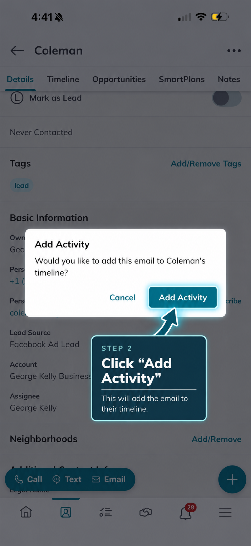 Command Mobile Add Activity option for leaving notes